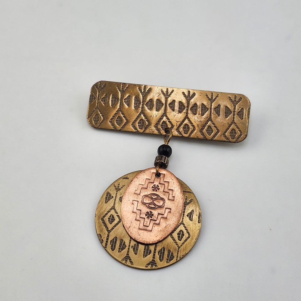 Unique Bronze Copper Geometric Boho Artisan Pin Brooch Southwestern Design